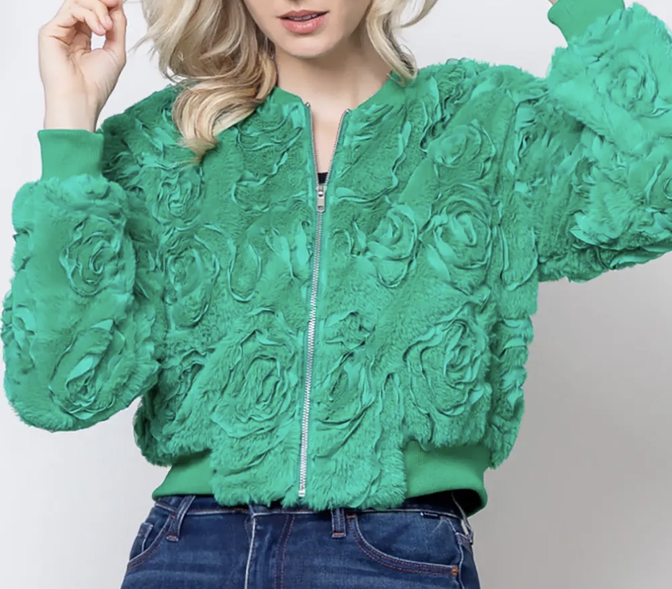 z   Green Textured Rosette Fur Bomber Jacket