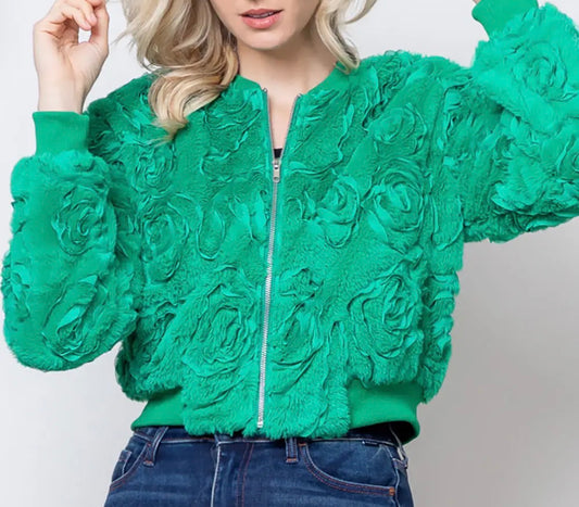 z   Green Textured Rosette Fur Bomber Jacket