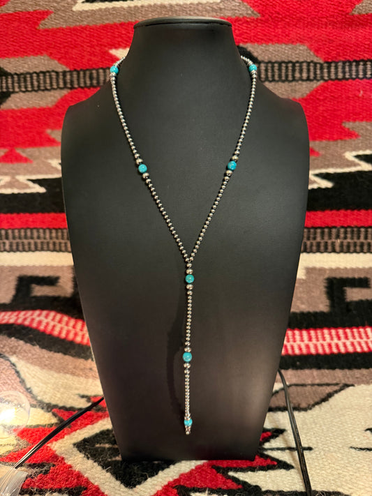 Sterling Silver Navajo Pearl and Kingman Turquoise Lariat 18" Long + 5 1/2" Drop
