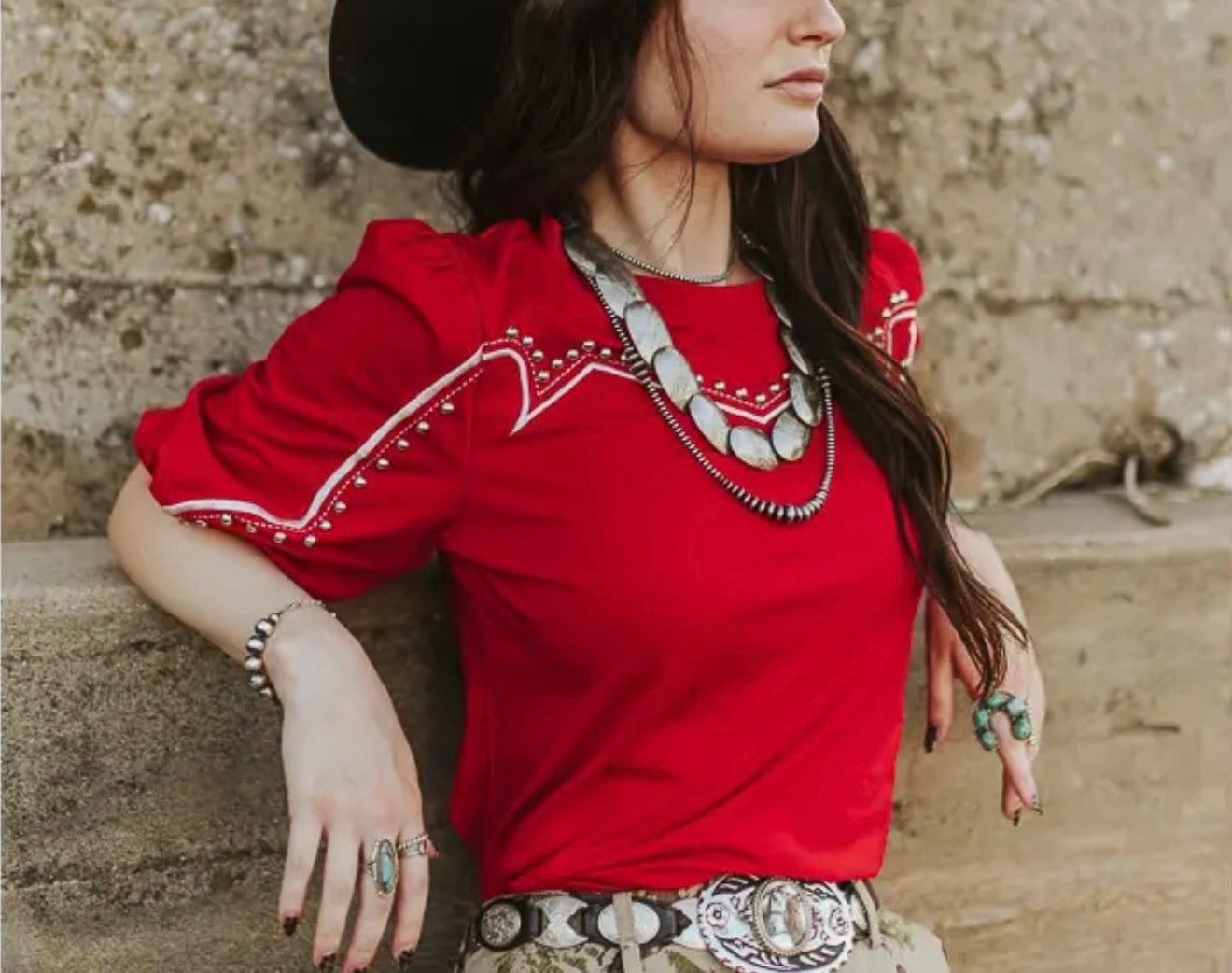 z   Western Yoke Studded Red Top