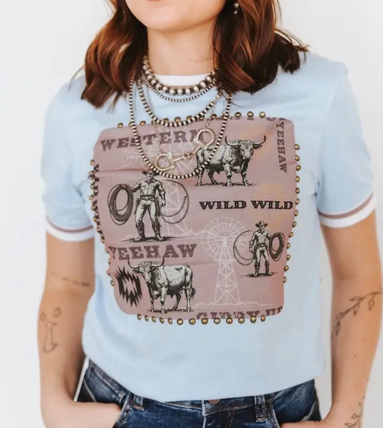 z   Light Blue Wild west vintage Top