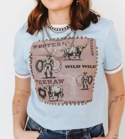 z   Light Blue Wild west vintage Top