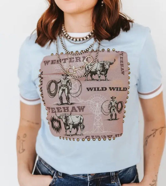 z   Light Blue Wild west vintage Top