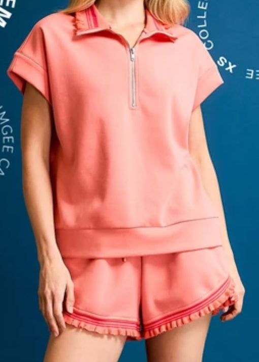 z   Chic Zip-Up Top and Ruffle Trim Short Set