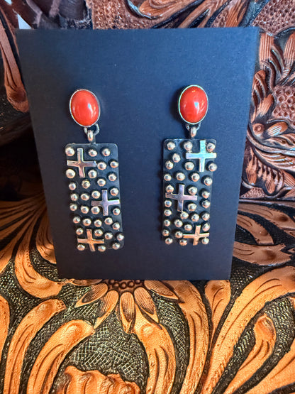 Handmade Sterling Silver Dangle Coral Stud Earrings     By Geneva Apachito