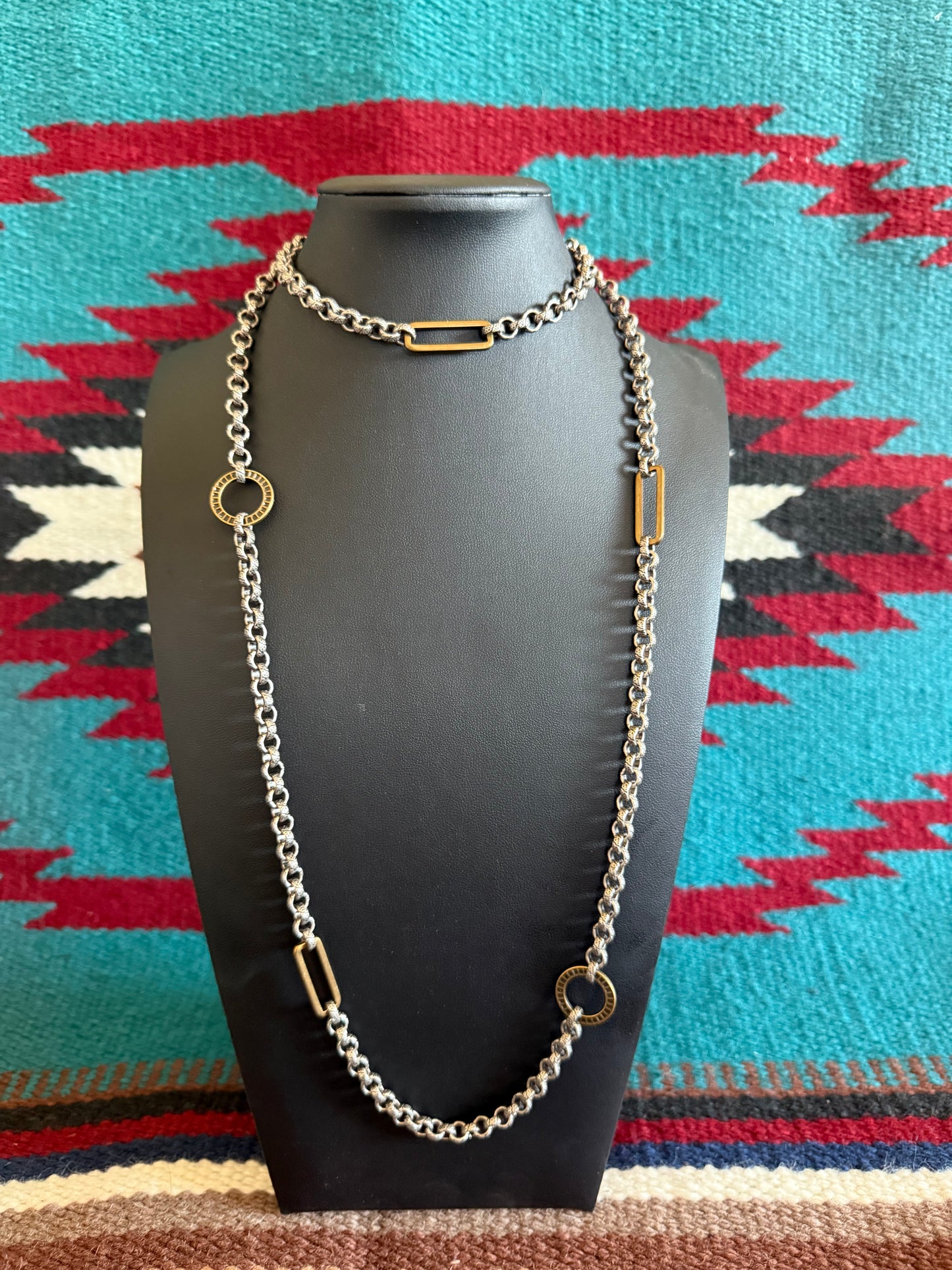 v2   Fancy Link Chain Long Necklace with Detailed Gold Pieces 38" Long