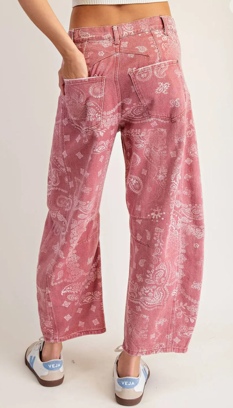 z   Mineral Washed Paisley Printed Barrel Jeans