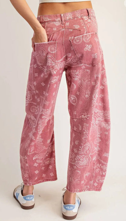 z   Mineral Washed Paisley Printed Barrel Jeans