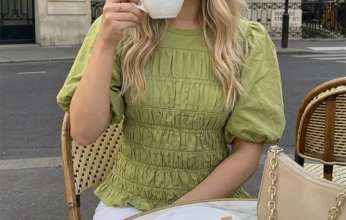 z   Smocked Puffed Sleeve Sage Top
