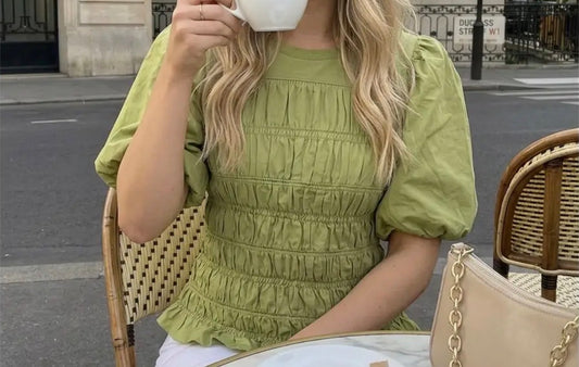 z   Smocked Puffed Sleeve Sage Top