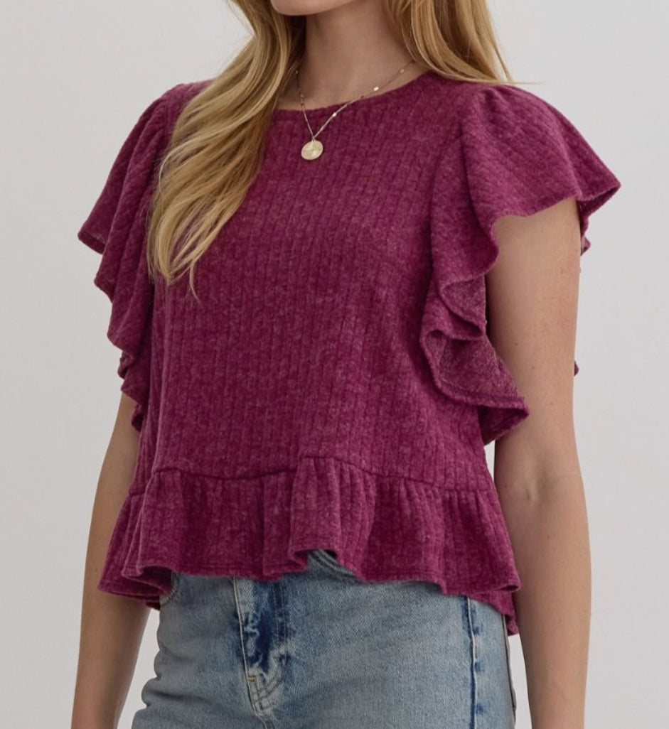 z   Ribbed Knit Ruffle Top Plum