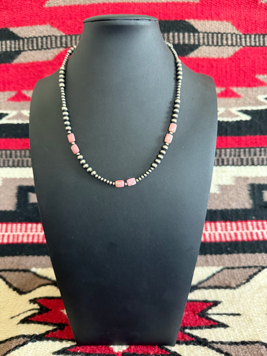 Sterling Silver Navajo Pearl Necklace with Pink Peruvian Opal Accents