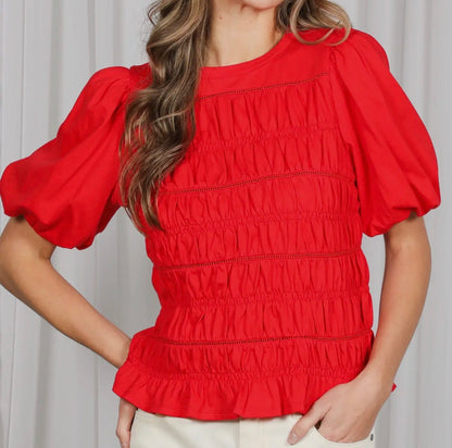 z   Smocked, Puffed Sleeve Red Top