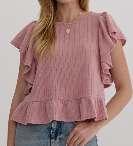 z   Ribbed Knit Ruffle Top Mauve