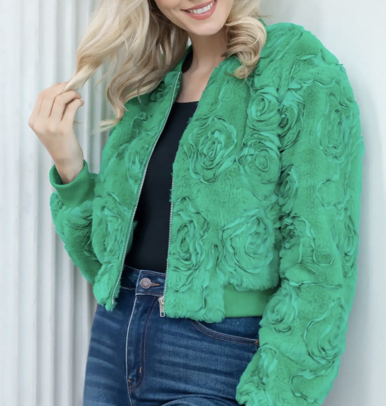 z   Green Textured Rosette Fur Bomber Jacket