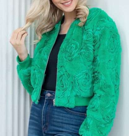 z   Green Textured Rosette Fur Bomber Jacket