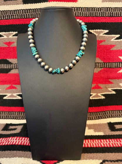 12mm Sterling Silver Navajo Pearl Necklace with Turquoise Nuggets 20" Long