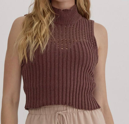 z   Chenille Mock Neck Cropped sleeveless Top