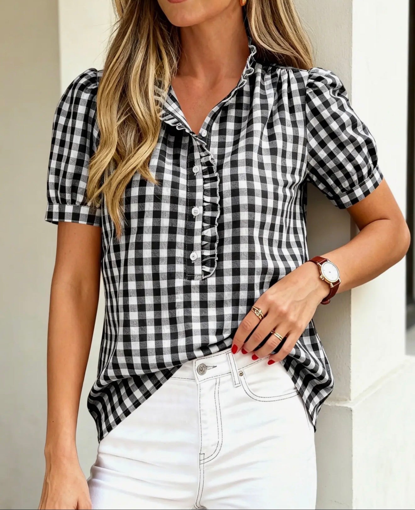 z   Plaid Ruffle Top Black