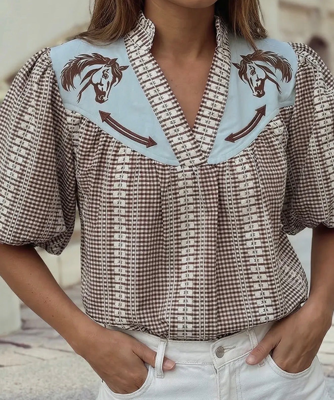 z    Western Pony Gingham Top Brown