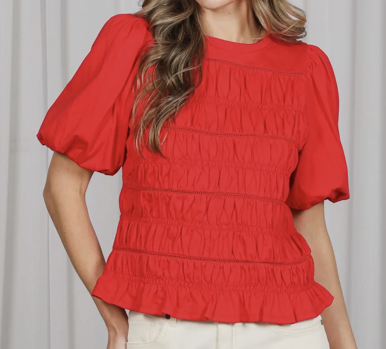 z   Smocked, Puffed Sleeve Red Top