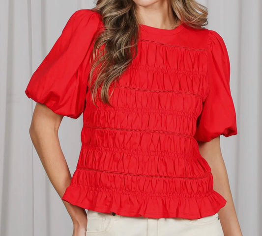 z   Smocked, Puffed Sleeve Red Top