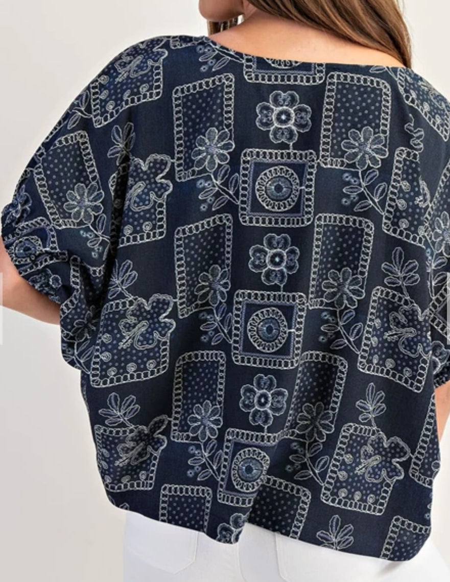 z   Floral Patchwork Printed Dolman Sleeve Top
