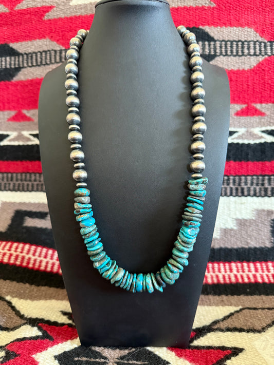 12mm Navajo Pearl Necklace with Saucers and Big Turquoise Chunks