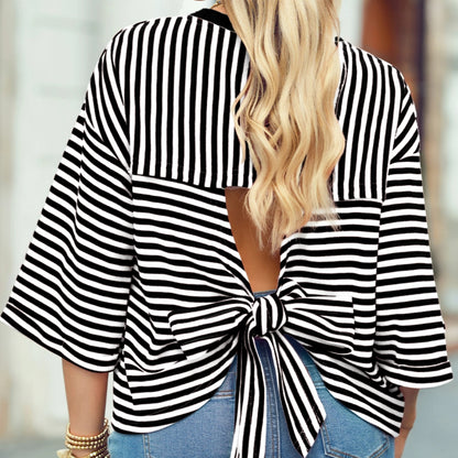 z   Striped Drop Shoulder Top with Bow Decor