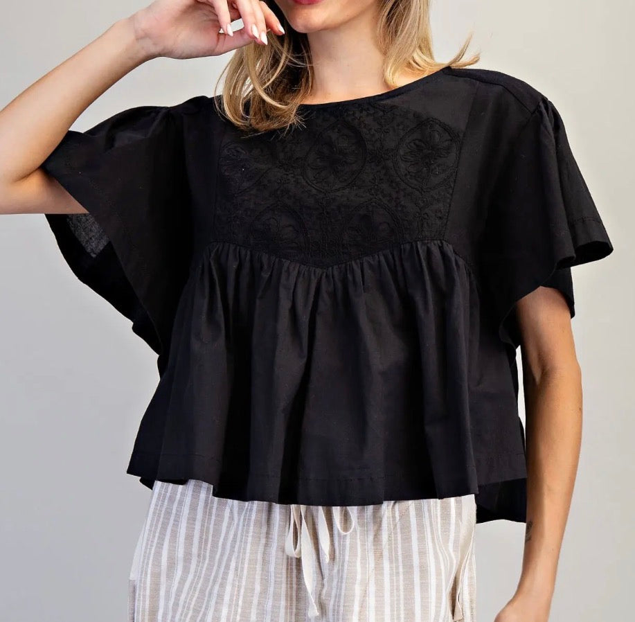 z   Floral Embroidered Yoke Babydoll Top