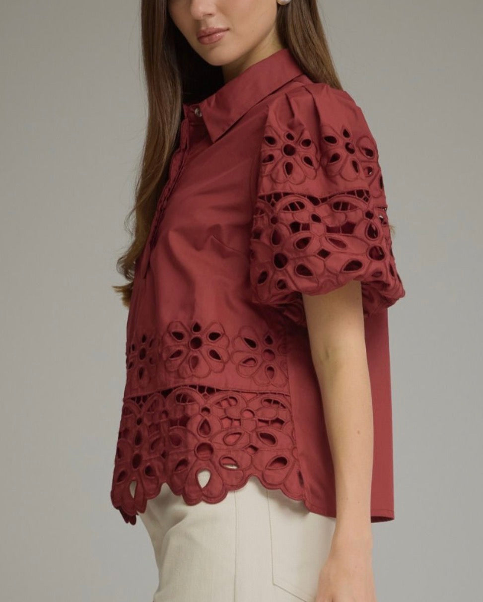 z   Puff Sleeve Eyelet Top
