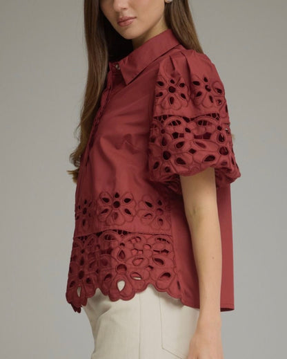 z   Puff Sleeve Eyelet Top