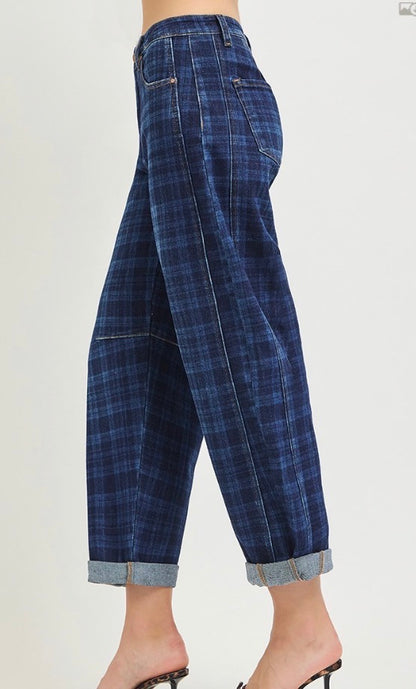 z   Plaid Denim Barrel Jeans