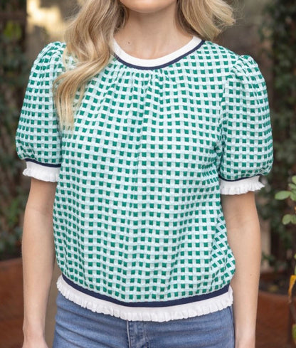 z   Striped Contrast Textured Gingham Knit Top