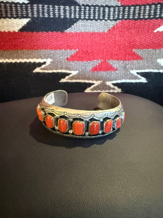 Sterling SiIver Coral Multi Stone Cuff By Wilbur Musket