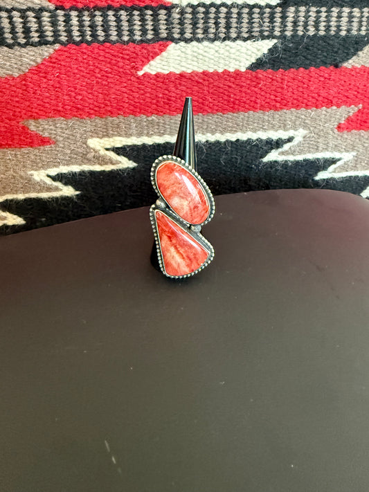 Sterling Silver and Red Spiny Oyster 2 Stone Ring Adjustable
