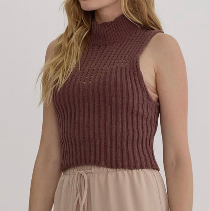 z   Chenille Mock Neck Cropped sleeveless Top