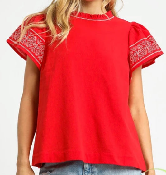 z   Embroidered Ruffle Sleeve Knit Top