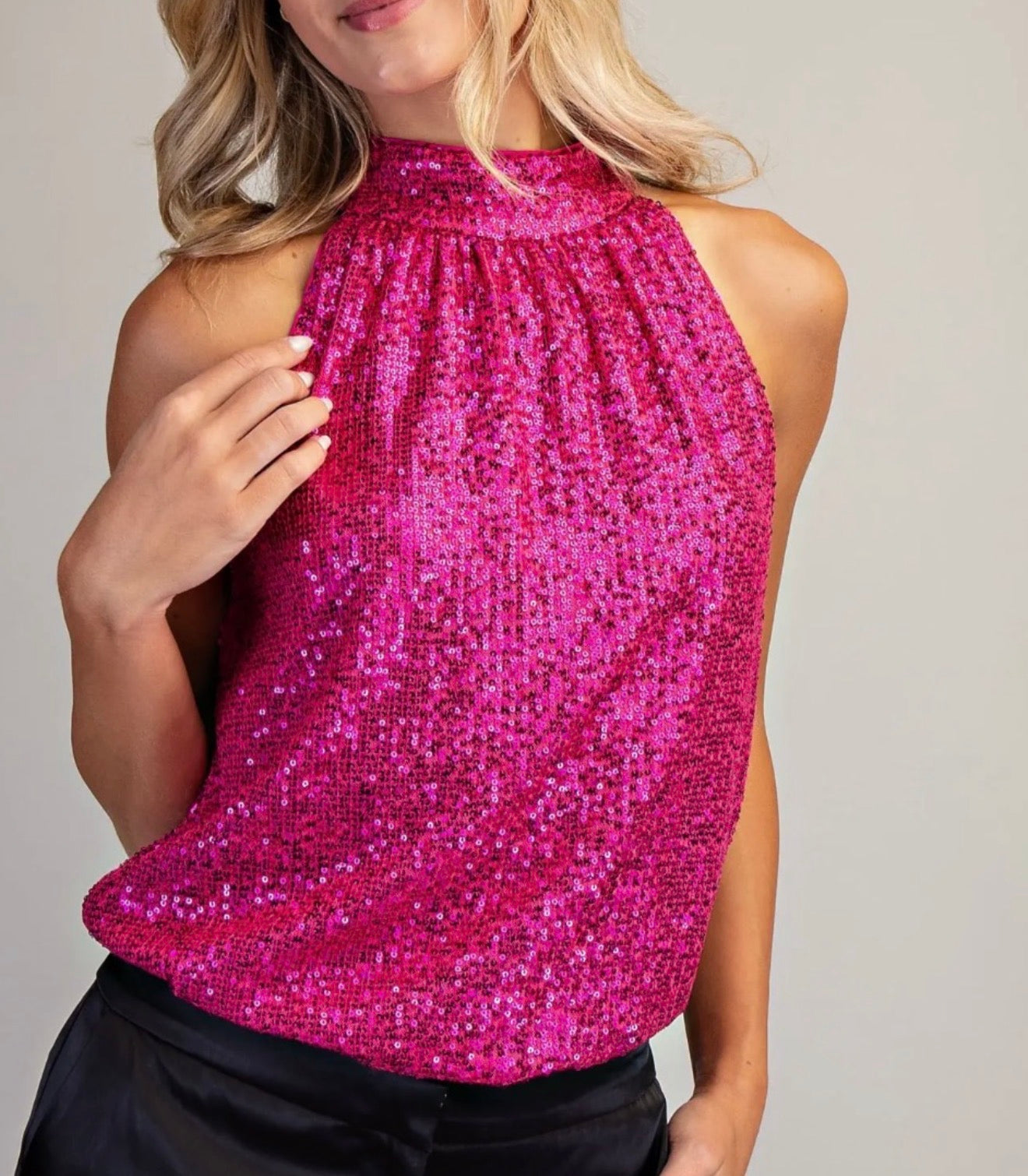 z   Hot Pink Glitter Halter Neck Top