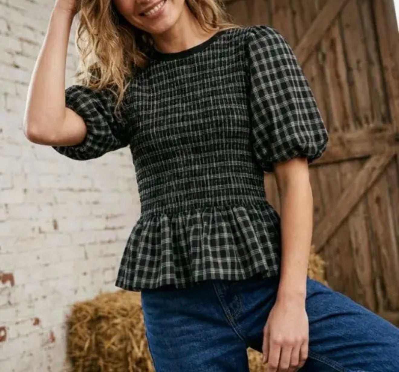 z   Plaid Smocked Peplum Top