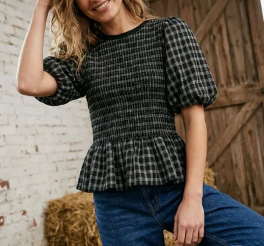 z   Plaid Smocked Peplum Top