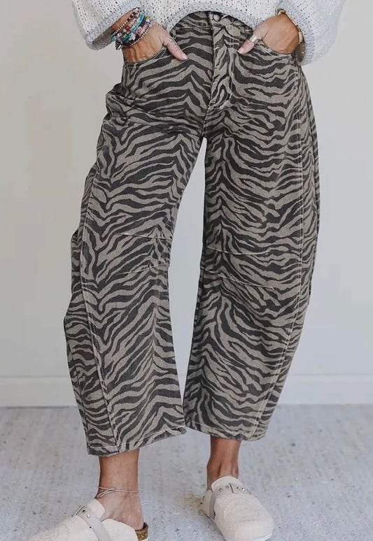 z   Zebra Print Wide Leg Barrel Pants