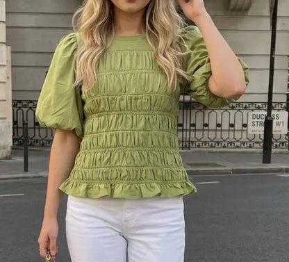 z   Smocked Puffed Sleeve Sage Top