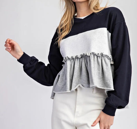 z   Ruffled Color block Long Sleeve Top