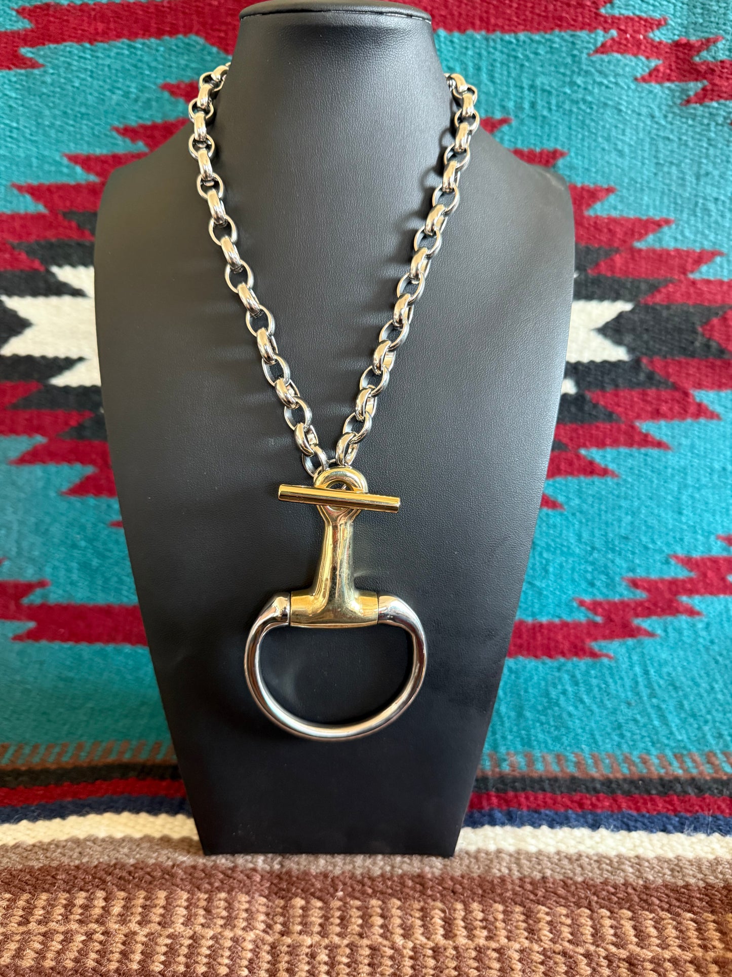 v2 Large Single Snaffle Silver and Gold Link Chain Necklace 16" Long