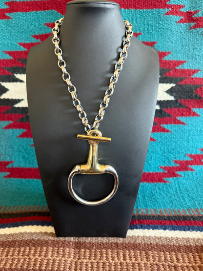 v2 Large Single Snaffle Silver and Gold Link Chain Necklace 16" Long