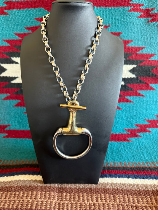 v2 Large Single Snaffle Silver and Gold Link Chain Necklace 16" Long