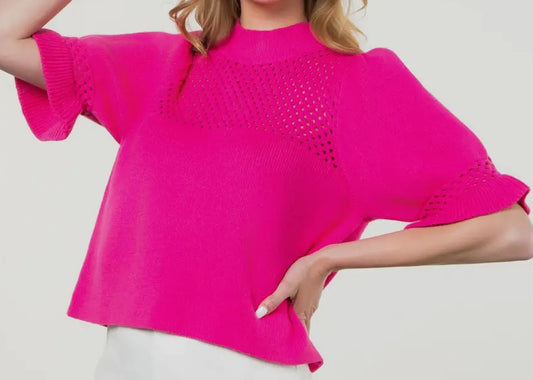 z   Hot Pink Sweater with Puff Sleeves