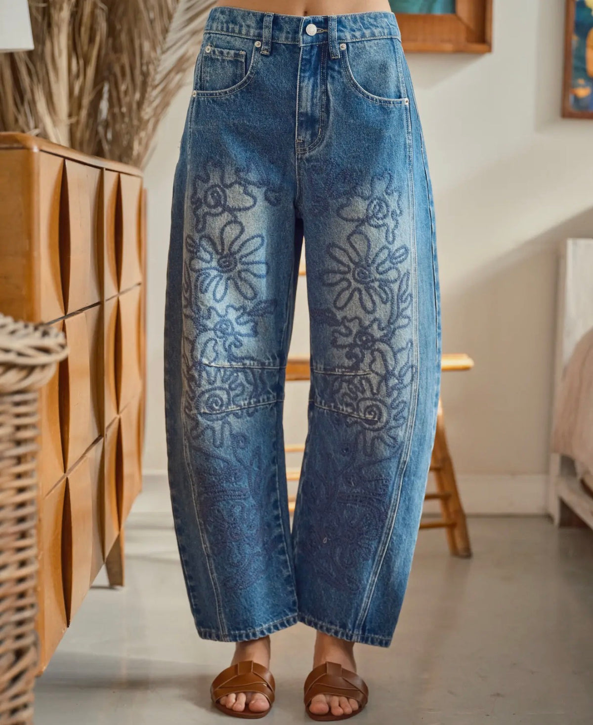 z   Embroidered Denim Barrel Jeans