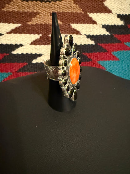 Sterling Silver Cluster Ring with Stones of Black Onyx and Orange Spiny
